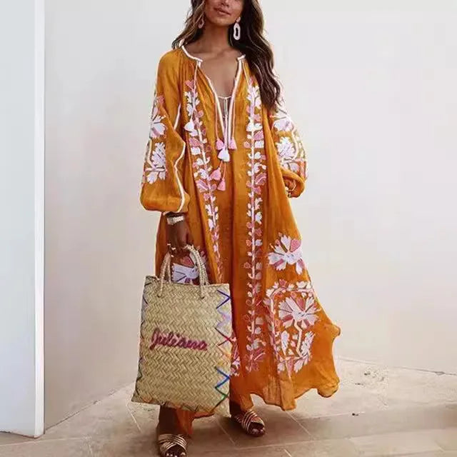 Boho Elegant Print MooMoo Dress For Women | Loose Luxury MooMoo V Neck |  Lace Up Big Hem MooMoo Dresses 2025|  Fashion New Lady MooMoo Robe